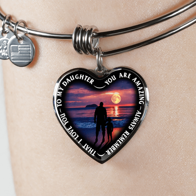 My Daughter, You are Amazing, Silver or Gold Finished Heart Shaped Bracelet (Full Moon Beach Black Edition) - podprintz.com
