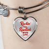 ROCKIN' THE SPOILED, WIFE LIFE - SILVER AND GOLD FINISHED HEART SHAPED BANGLE BRACELET (RED TEXT ON TRANSPARENT) - podprintz.com
