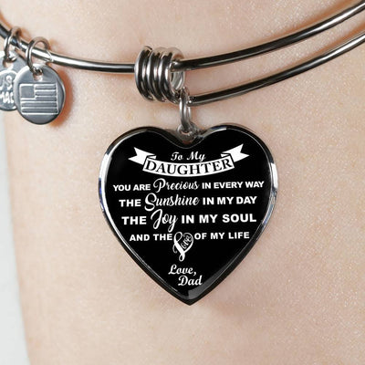 MY DAUGHTER YOU ARE PRECIOUS, SUNSHINE, JOY LOVE DAD - SILVER AND GOLD FINISHED HEART SHAPED NECKLACE AND BANGLE BRACELET (WHITE ON BLACK) EO - podprintz.com