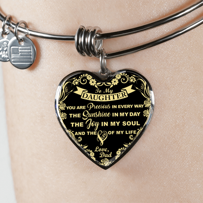 My Daughter, You are Precious (Yellow on Black) - Silver Finished Heart Bangle Bracelet - podprintz.com