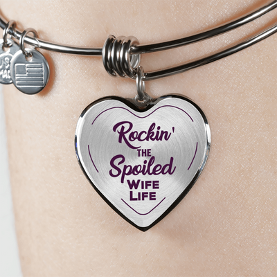 ROCKIN' THE SPOILED, WIFE LIFE - SILVER AND GOLD FINISHED HEART SHAPED BANGLE BRACELET AND NECKLACE (PURPLE TEXT ON TRANSPARENT) EO - podprintz.com