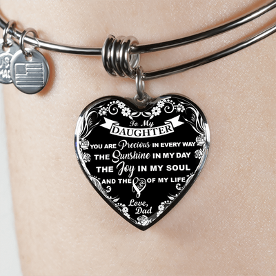 My Daughter, You are Precious (White on Black) - Silver Finished Heart Bangle Bracelet - podprintz.com