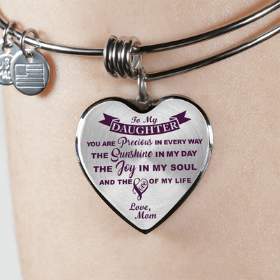 MY DAUGHTER YOU ARE PRECIOUS, SUNSHINE, JOY LOVE MOM - SILVER AND GOLD FINISHED HEART SHAPED BANGLE BRACELET (PURPLE ON TRANSPARENT) - podprintz.com