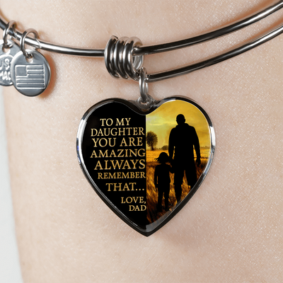 My Daughter, You are Amazing, Love Dad (Walk in Field) - Silver Finished Heart Bangle Bracelet - podprintz.com