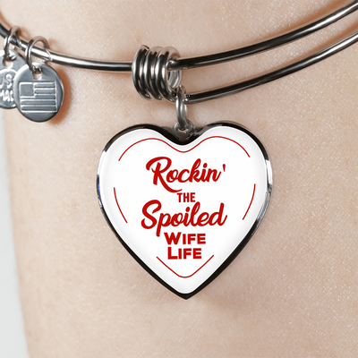 ROCKIN' THE SPOILED, WIFE LIFE - SILVER AND GOLD FINISHED HEART SHAPED BANGLE BRACELET AND NECKLACE (RED TEXT ON WHITE) EO - podprintz.com