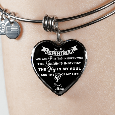 MY DAUGHTER YOU ARE PRECIOUS, SUNSHINE, JOY LOVE MOM - SILVER AND GOLD FINISHED HEART SHAPED NECKLACE (WHITE ON BLACK) - podprintz.com