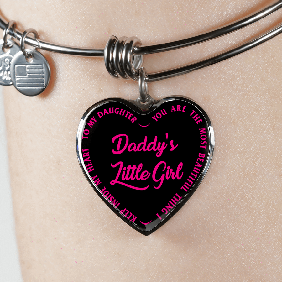 Daddy's Little Girl Gold or Silver Finished Heart Shaped Bangle Bracelet (Pink on Black) - podprintz.com