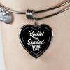 ROCKIN' THE SPOILED, WIFE LIFE - SILVER AND GOLD FINISHED HEART SHAPED BANGLE BRACELET (WHITE TEXT ON BLACK) - podprintz.com