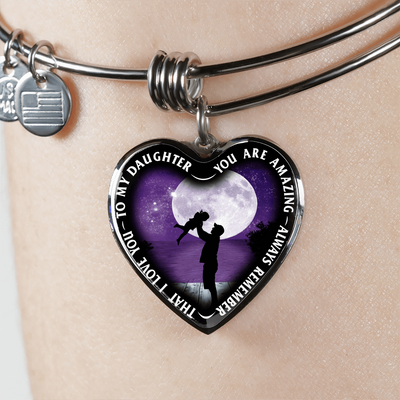 My Daughter, You are Amazing, Silver or Gold Finished Heart Shaped Bangle Bracelet (Purple Sky Moon Edition) - podprintz.com