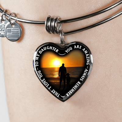 My Daughter, You are Amazing, Silver or Gold Finished Heart Shaped Bangle Bracelet (Sunset Beach Sand Edition) - podprintz.com
