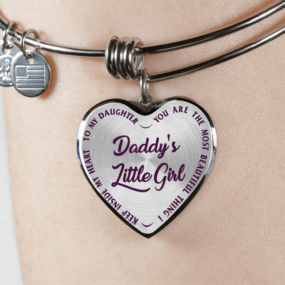 DADDY'S LITTLE GIRL GOLD OR SILVER FINISHED HEART SHAPED NECKLACE OR BANGLE BRACELET, PURPLE ON TRANSPARENT (EO) - podprintz.com