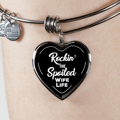 ROCKIN' THE SPOILED, WIFE LIFE - SILVER AND GOLD FINISHED HEART SHAPED BANGLE BRACELET AND NECKLACE (WHITE TEXT ON BLACK) EO - podprintz.com