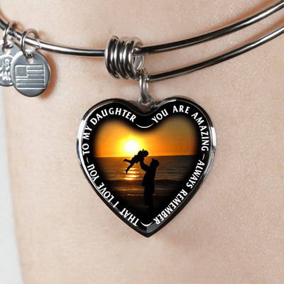 My Daughter, You are Amazing, Silver or Gold Finished Heart Shaped Bangle Bracelet (Beach at Dawn Edition) - podprintz.com