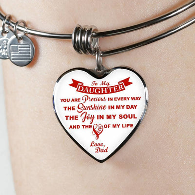 MY DAUGHTER YOU ARE PRECIOUS, SUNSHINE, JOY LOVE DAD - SILVER AND GOLD FINISHED HEART SHAPED NECKLACE AND BANGLE BRACELET (RED ON WHITE) EO - podprintz.com