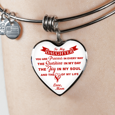 MY DAUGHTER YOU ARE PRECIOUS, SUNSHINE, JOY LOVE MOM - SILVER AND GOLD FINISHED HEART SHAPED BANGLE BRACELET (RED ON WHITE) - podprintz.com