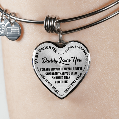 MY DAUGHTER, DADDY LOVES YOU - SILVER FINISHED HEART BANGLE BRACLET (BLACK ON TRANSPARENT) - podprintz.com