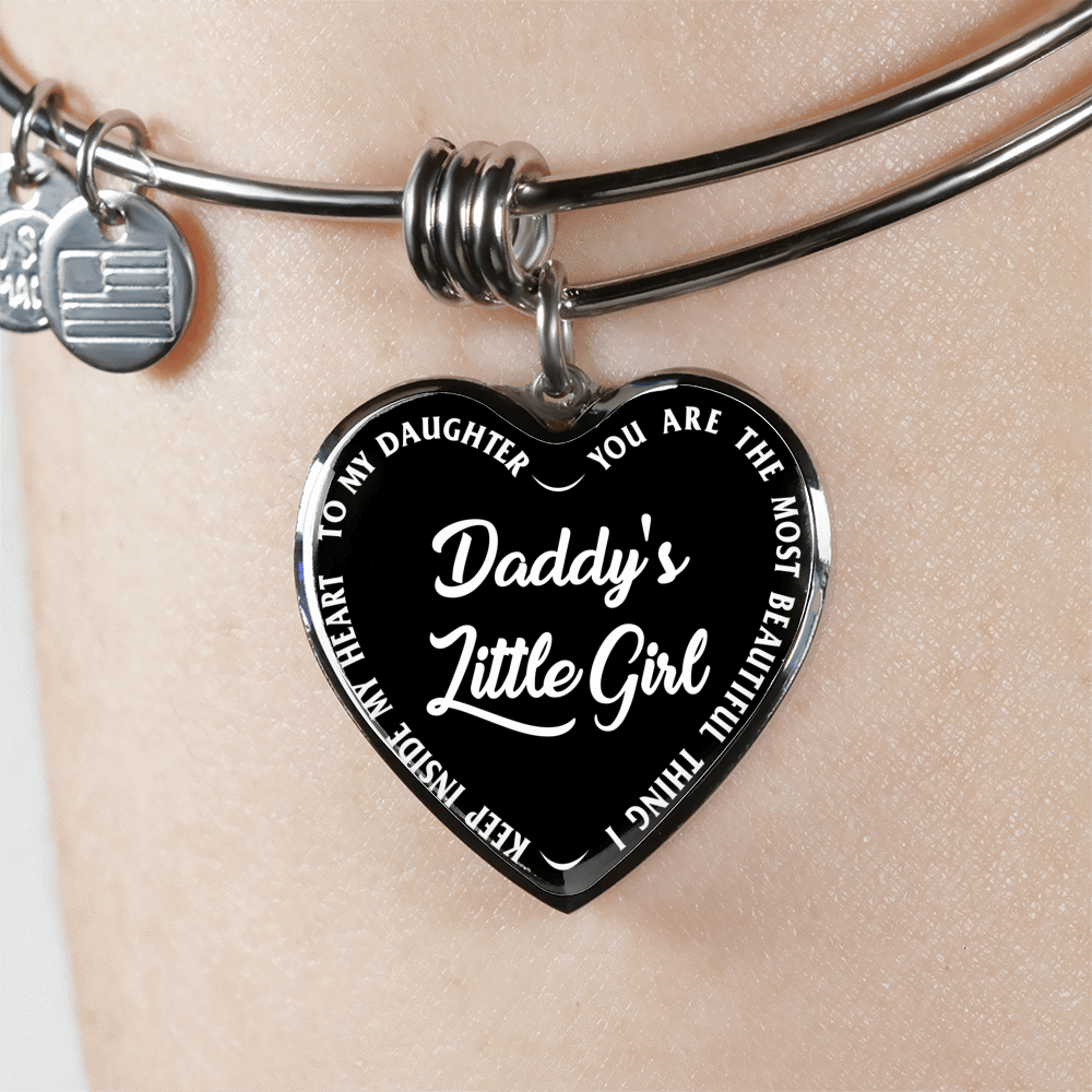 Daddy's Little Girl Gold or Silver Finished Heart Shaped Bangle Bracelet (White on Black) - podprintz.com
