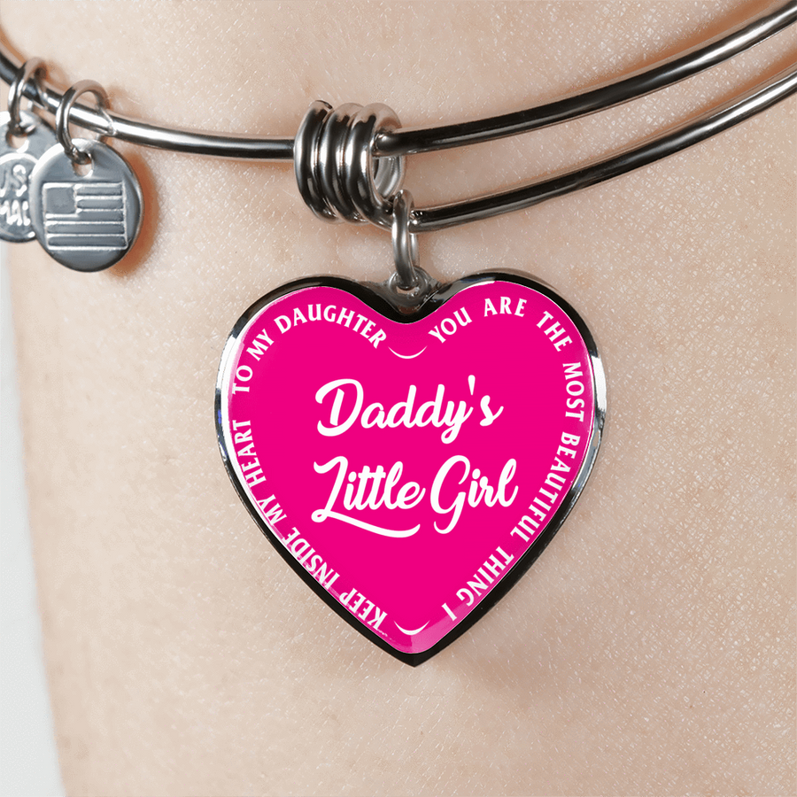 Daddy's Little Girl Gold or Silver Finished Heart Shaped Bangle Bracelet (White on Pink) - podprintz.com