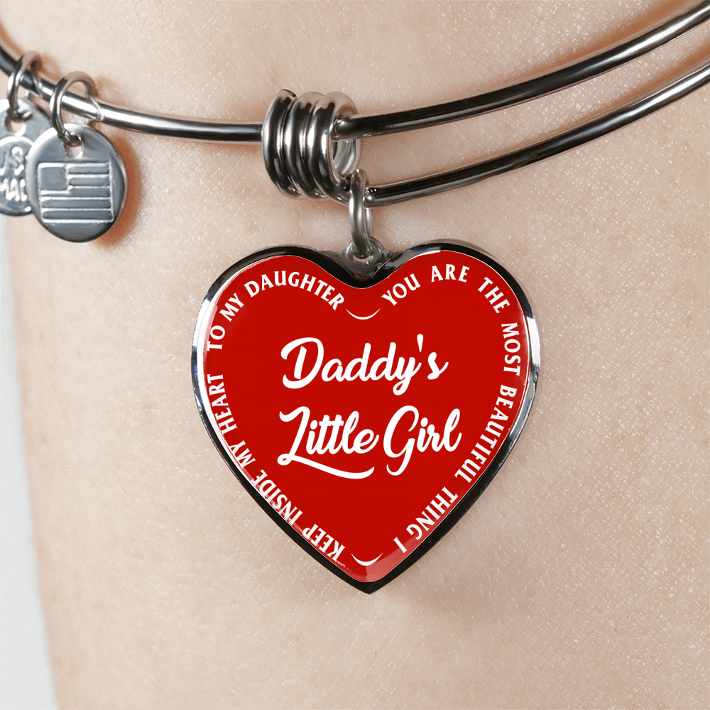 Daddy's Little Girl Gold or Silver Finished Heart Shaped Bangle Bracelet (White on Red) - podprintz.com