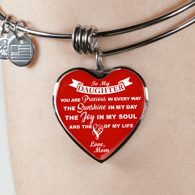 MY DAUGHTER YOU ARE PRECIOUS, SUNSHINE, JOY LOVE MOM - SILVER AND GOLD FINISHED HEART SHAPED BANGLE BRACELET (WHITE ON RED) - podprintz.com