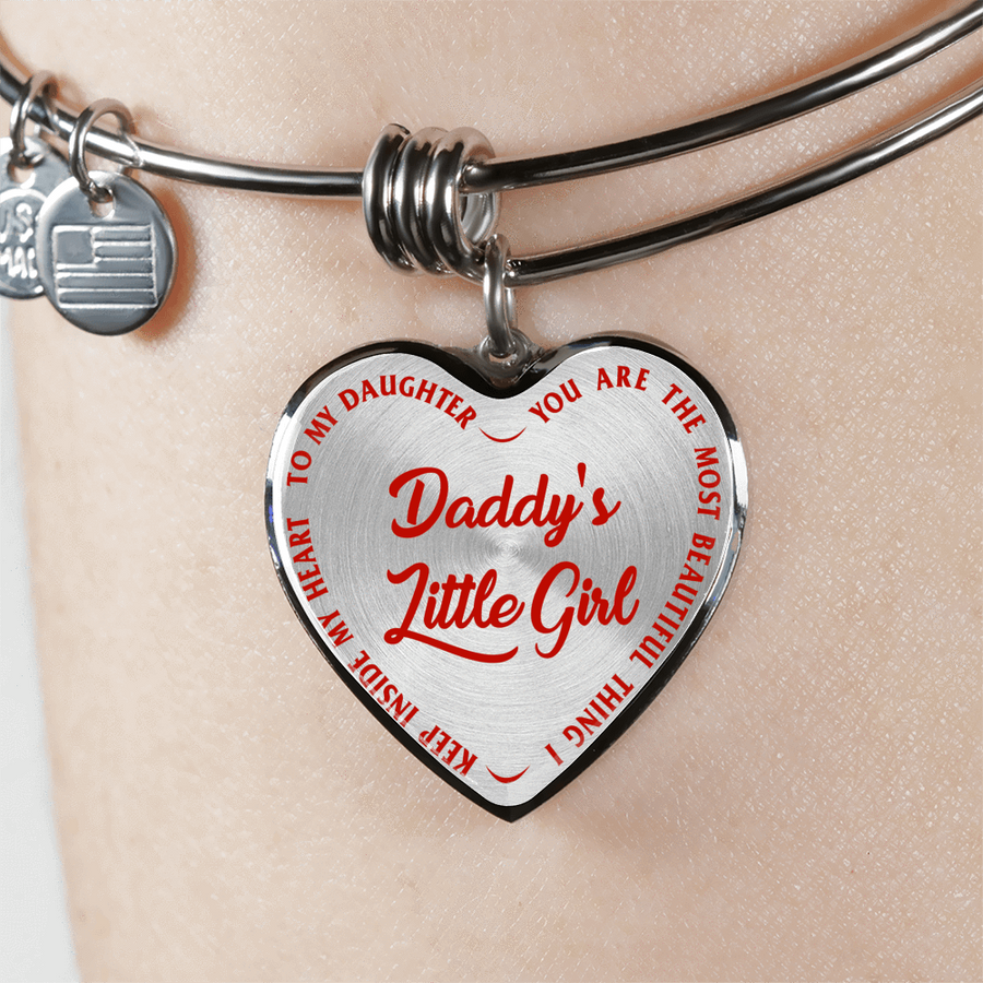 Daddy's Little Girl Gold or Silver Finished Heart Shaped Bangle Bracelet (Red on Transparent) - podprintz.com