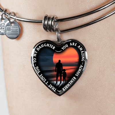 My Daughter, You are Amazing, Silver or Gold Finished Heart Shaped Bangle Bracelet (Pink Sunset Deck Edition) - podprintz.com