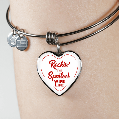 ROCKIN' THE SPOILED, WIFE LIFE - SILVER AND GOLD FINISHED HEART SHAPED BANGLE BRACELET AND NECKLACE (RED TEXT ON WHITE) EO - podprintz.com