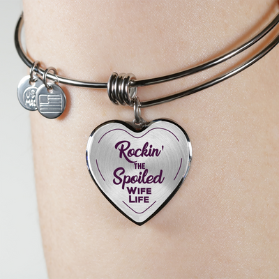ROCKIN' THE SPOILED, WIFE LIFE - SILVER AND GOLD FINISHED HEART SHAPED BANGLE BRACELET (PURPLE TEXT ON TRANSPARENT) - podprintz.com