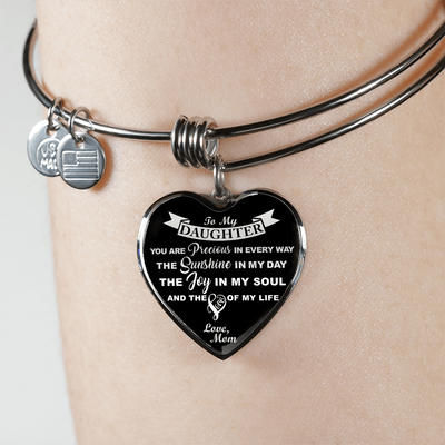 MY DAUGHTER YOU ARE PRECIOUS, SUNSHINE, JOY LOVE MOM - SILVER AND GOLD FINISHED HEART SHAPED NECKLACE (WHITE ON BLACK) - podprintz.com
