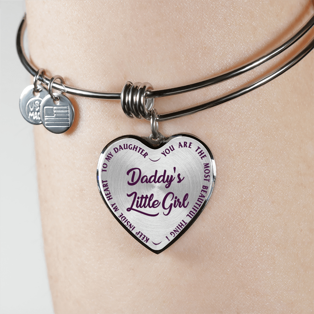 DADDY'S LITTLE GIRL GOLD OR SILVER FINISHED HEART SHAPED NECKLACE OR BANGLE BRACELET, PURPLE ON TRANSPARENT (EO) - podprintz.com