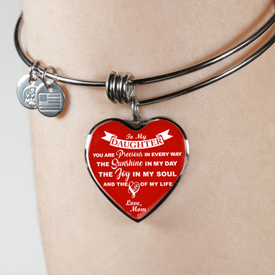 MY DAUGHTER YOU ARE PRECIOUS, SUNSHINE, JOY LOVE MOM - SILVER AND GOLD FINISHED HEART SHAPED BANGLE BRACELET (WHITE ON RED) - podprintz.com
