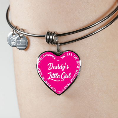 Daddy's Little Girl Gold or Silver Finished Heart Shaped Bangle Bracelet (White on Pink) - podprintz.com