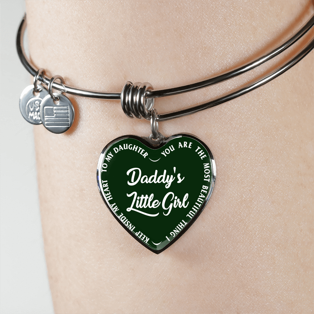 Daddy's Little Girl Gold or Silver Finished Heart Shaped Bangle Bracelet (White on Green) - podprintz.com
