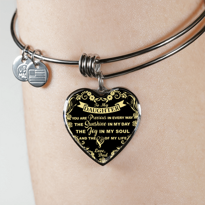 My Daughter, You are Precious (Yellow on Black) - Silver Finished Heart Bangle Bracelet - podprintz.com