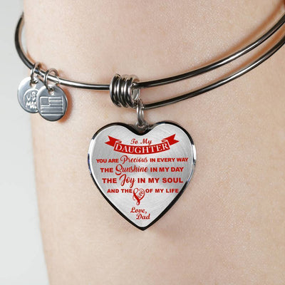 MY DAUGHTER YOU ARE PRECIOUS, SUNSHINE, JOY LOVE DAD - SILVER AND GOLD FINISHED HEART SHAPED NECKLACE AND BANGLE BRACELET (RED ON TRANSPARENT) EO - podprintz.com