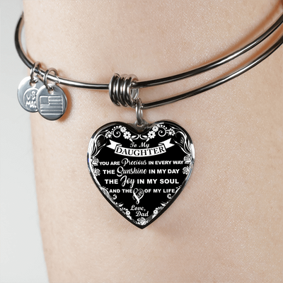 My Daughter, You are Precious (White on Black) - Silver Finished Heart Bangle Bracelet - podprintz.com