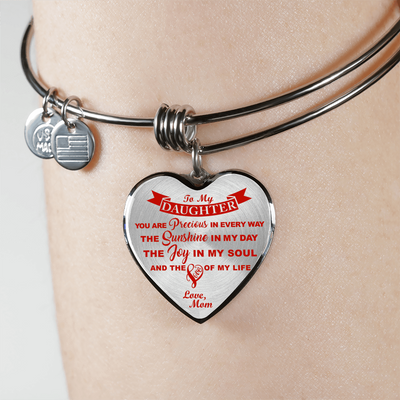 MY DAUGHTER YOU ARE PRECIOUS, SUNSHINE, JOY LOVE MOM - SILVER AND GOLD FINISHED HEART SHAPED BANGLE BRACELET (RED ON TRANSPARENT) - podprintz.com