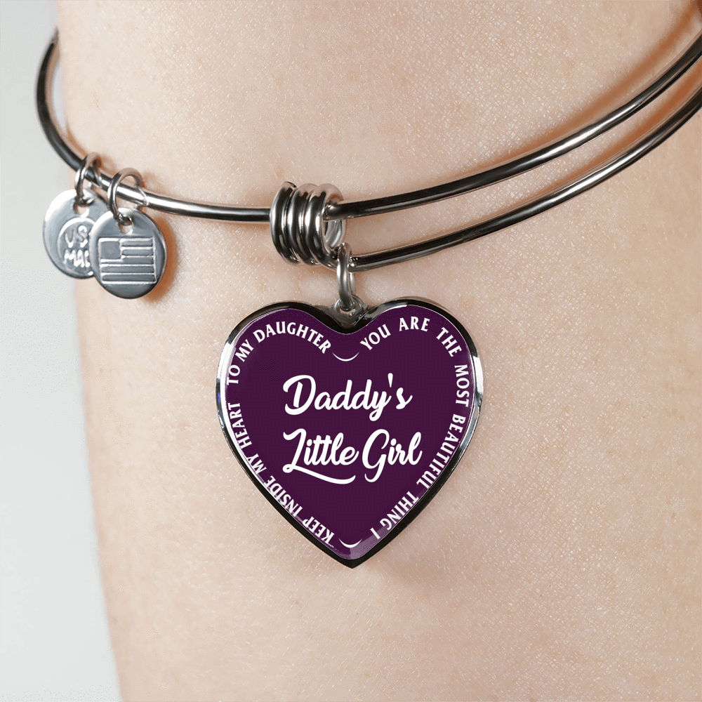 Daddy's Little Girl Gold or Silver Finished Heart Shaped Bangle Bracelet (White on Purple) - podprintz.com
