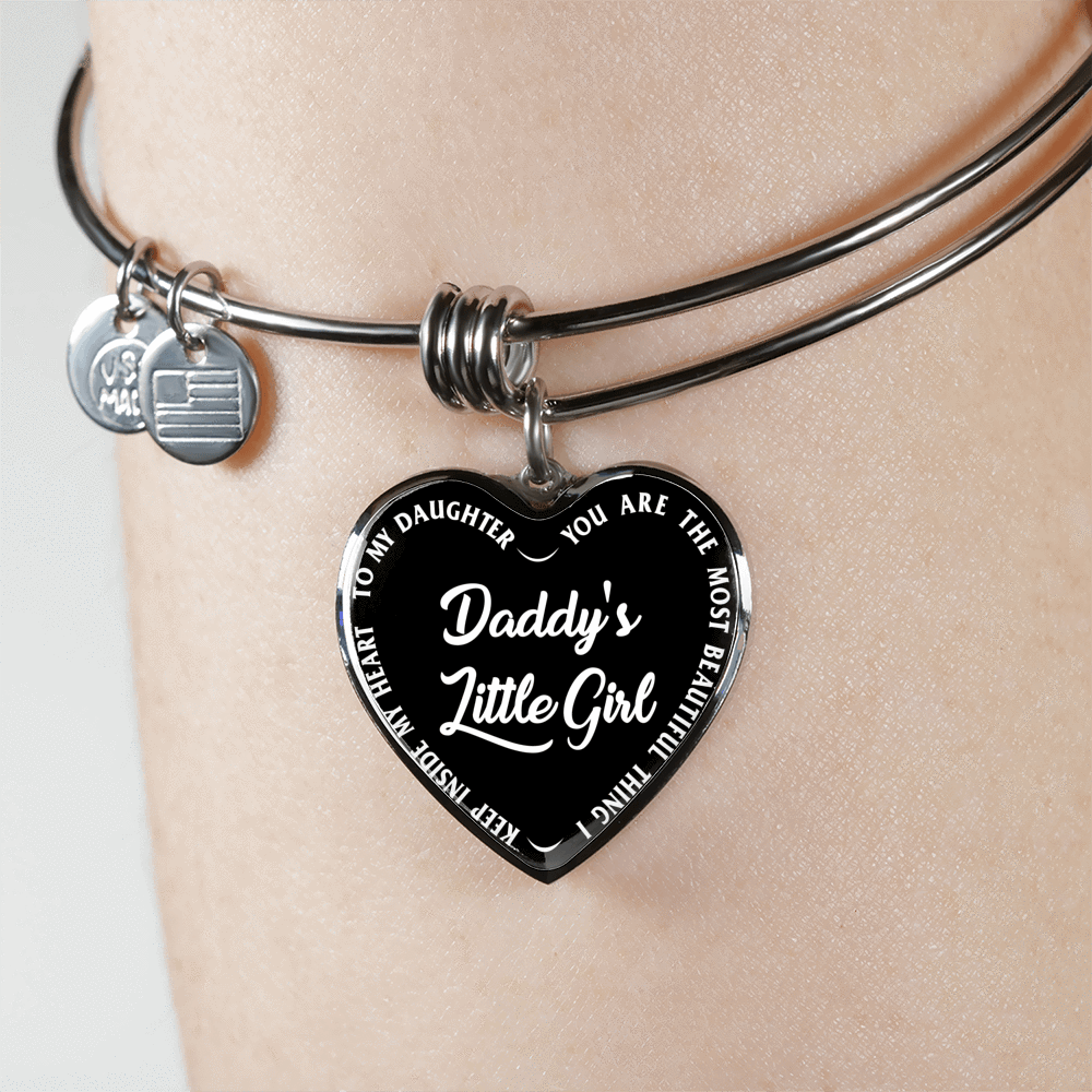 Daddy's Little Girl Gold or Silver Finished Heart Shaped Bangle Bracelet (White on Black) - podprintz.com