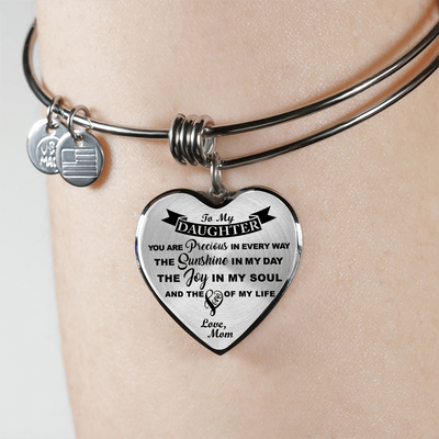 MY DAUGHTER YOU ARE PRECIOUS, SUNSHINE, JOY LOVE MOM - SILVER AND GOLD FINISHED HEART SHAPED BANGLE BRACELET (BLACK ON TRANSPARENT) - podprintz.com