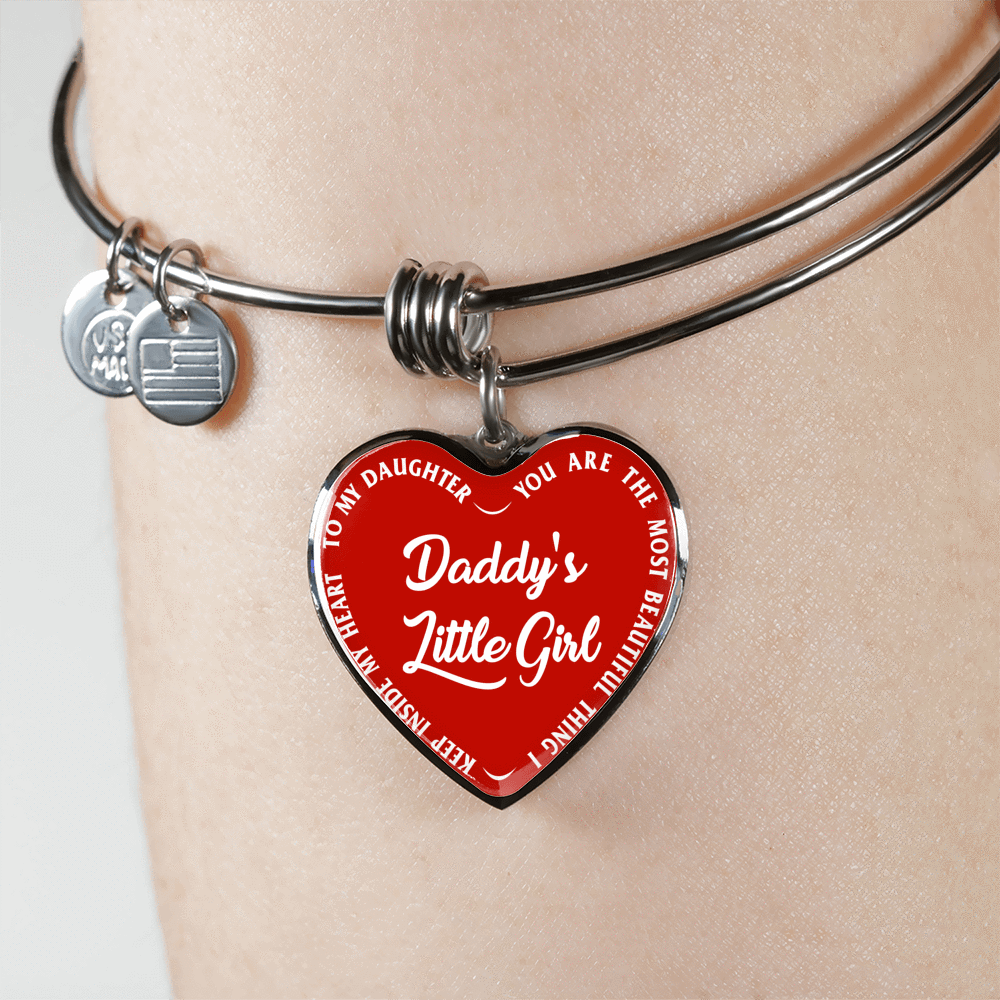 Daddy's Little Girl Gold or Silver Finished Heart Shaped Bangle Bracelet (White on Red) - podprintz.com