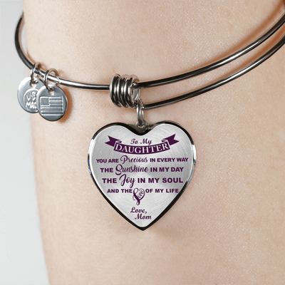 MY DAUGHTER YOU ARE PRECIOUS, SUNSHINE, JOY LOVE MOM - SILVER AND GOLD FINISHED HEART SHAPED BANGLE BRACELET (PURPLE ON TRANSPARENT) - podprintz.com