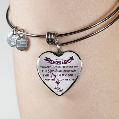 MY DAUGHTER YOU ARE PRECIOUS, SUNSHINE, JOY LOVE DAD - SILVER AND GOLD FINISHED HEART SHAPED NECKLACE AND BANGLE BRACELET (PURPLE ON TRANSPARENT) EO - podprintz.com