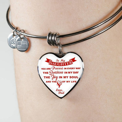 MY DAUGHTER YOU ARE PRECIOUS, SUNSHINE, JOY LOVE DAD - SILVER AND GOLD FINISHED HEART SHAPED NECKLACE AND BANGLE BRACELET (RED ON WHITE) EO - podprintz.com
