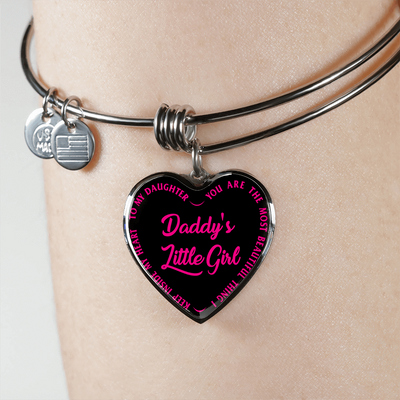 Daddy's Little Girl Gold or Silver Finished Heart Shaped Bangle Bracelet (Pink on Black) - podprintz.com