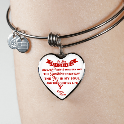 MY DAUGHTER YOU ARE PRECIOUS, SUNSHINE, JOY LOVE MOM - SILVER AND GOLD FINISHED HEART SHAPED BANGLE BRACELET (RED ON WHITE) - podprintz.com