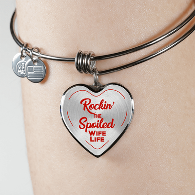 ROCKIN' THE SPOILED, WIFE LIFE - SILVER AND GOLD FINISHED HEART SHAPED BANGLE BRACELET AND NECKLACE (RED TEXT ON TRANSPARENT) EO - podprintz.com