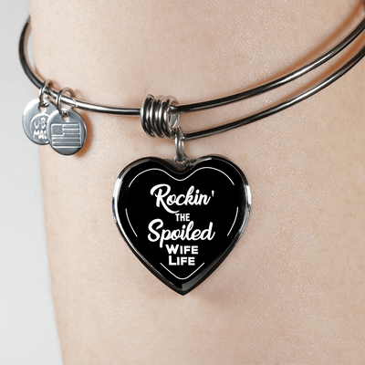 ROCKIN' THE SPOILED, WIFE LIFE - SILVER AND GOLD FINISHED HEART SHAPED BANGLE BRACELET AND NECKLACE (WHITE TEXT ON BLACK) EO - podprintz.com