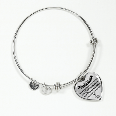 MY DAUGHTER YOU ARE PRECIOUS, SUNSHINE, JOY LOVE MOM - SILVER AND GOLD FINISHED HEART SHAPED BANGLE BRACELET (BLACK ON TRANSPARENT) - podprintz.com