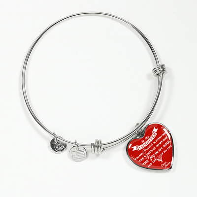 MY DAUGHTER YOU ARE PRECIOUS, SUNSHINE, JOY LOVE MOM - SILVER AND GOLD FINISHED HEART SHAPED BANGLE BRACELET (WHITE ON RED) - podprintz.com